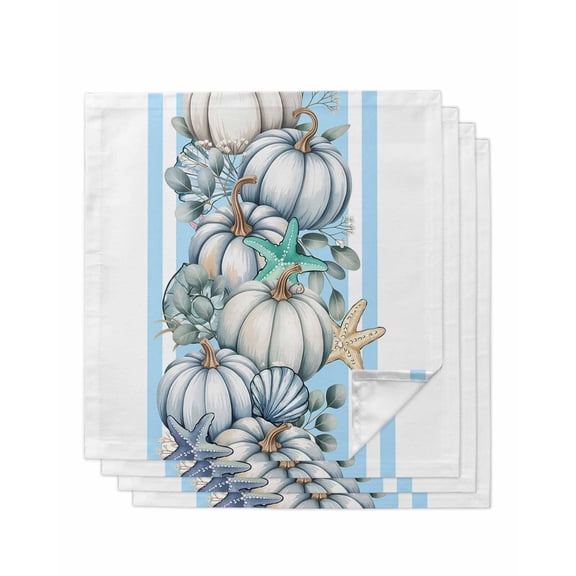 Blue Pumpkin Fall Cloth Napkins Set of 4 Reusable Dinner Napkins, Striped Thanksgiving Botanical Coastal Cocktail Napkin Washable Table Napkins for Wedding/Holiday Party/Baby Shower 20"x20"