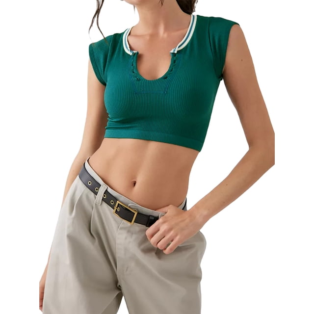 ZAXARRA T-shirt Court de Couleur Contrastée à Manches Courtes et Col Rond à Manches Courtes et Coupe Slim Womenacute;S Été