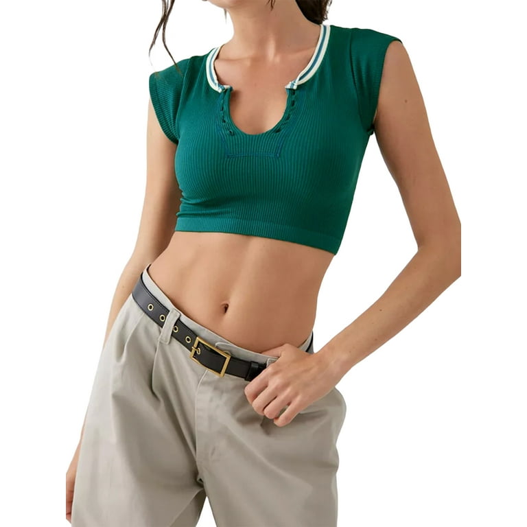 Women Long / Short Sleeve Crop Tops Tee Shirts Solid Color Vintage V Neck T- Shirt Ribbed Pullover Streetwear Walmart.com