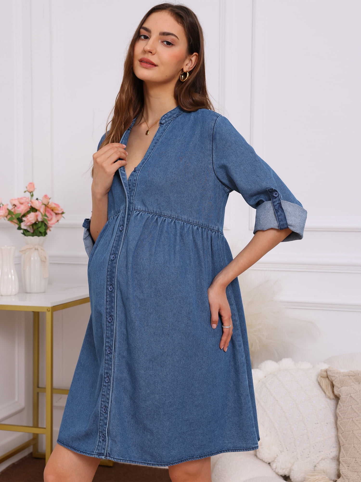 DARING DIVA Women's Maternity Denim Dress Long Sleeve Babydoll Nursing Dress XL Blue