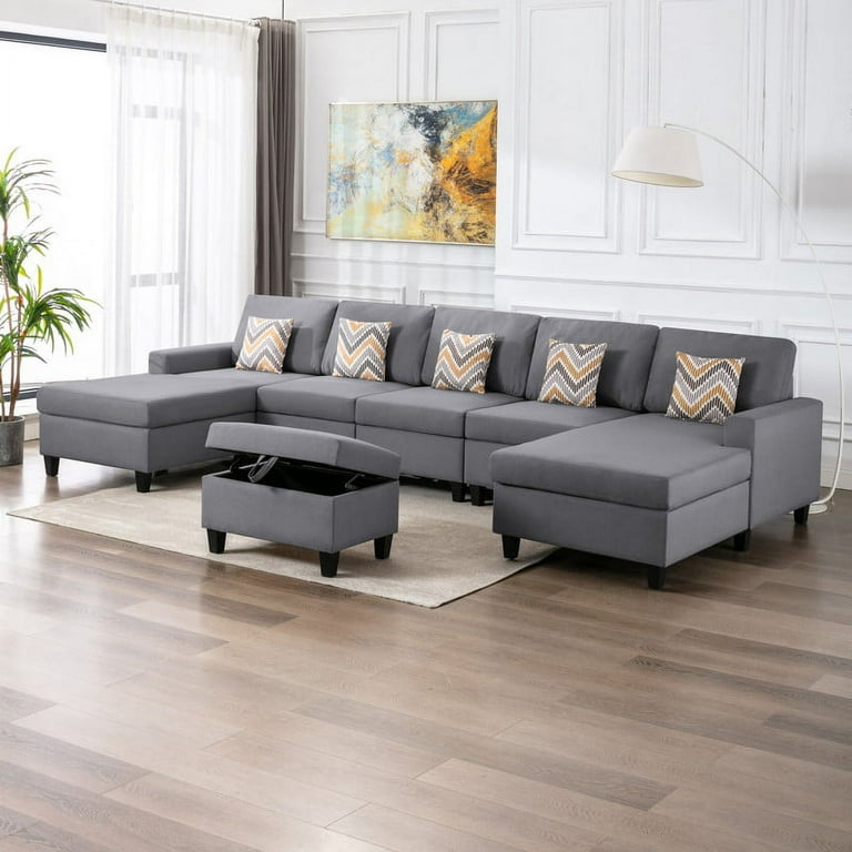 Lilola Home Nolan Gray Linen Fabric 6Pc Double Chaise Sectional