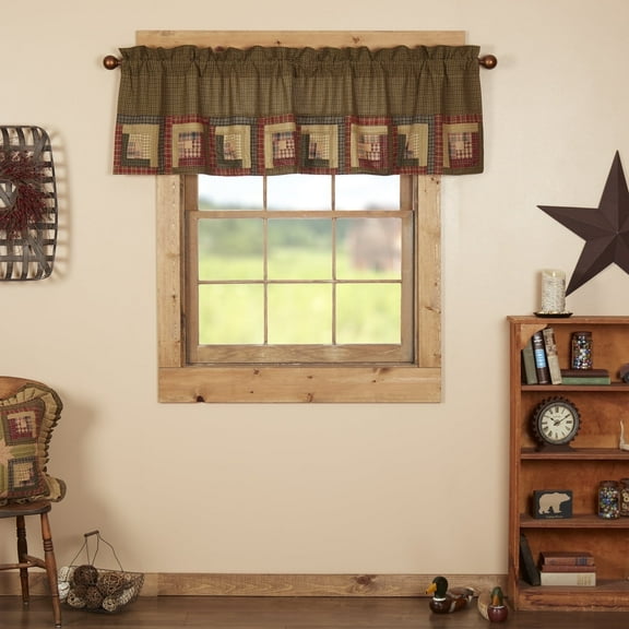 VHC Brands Tea Cabin Rustic 20"x72" Log Block Border Valance Green Thanksgiving Rod Pocket Patchwork Cotton Plaid Kitchen Window Curtains