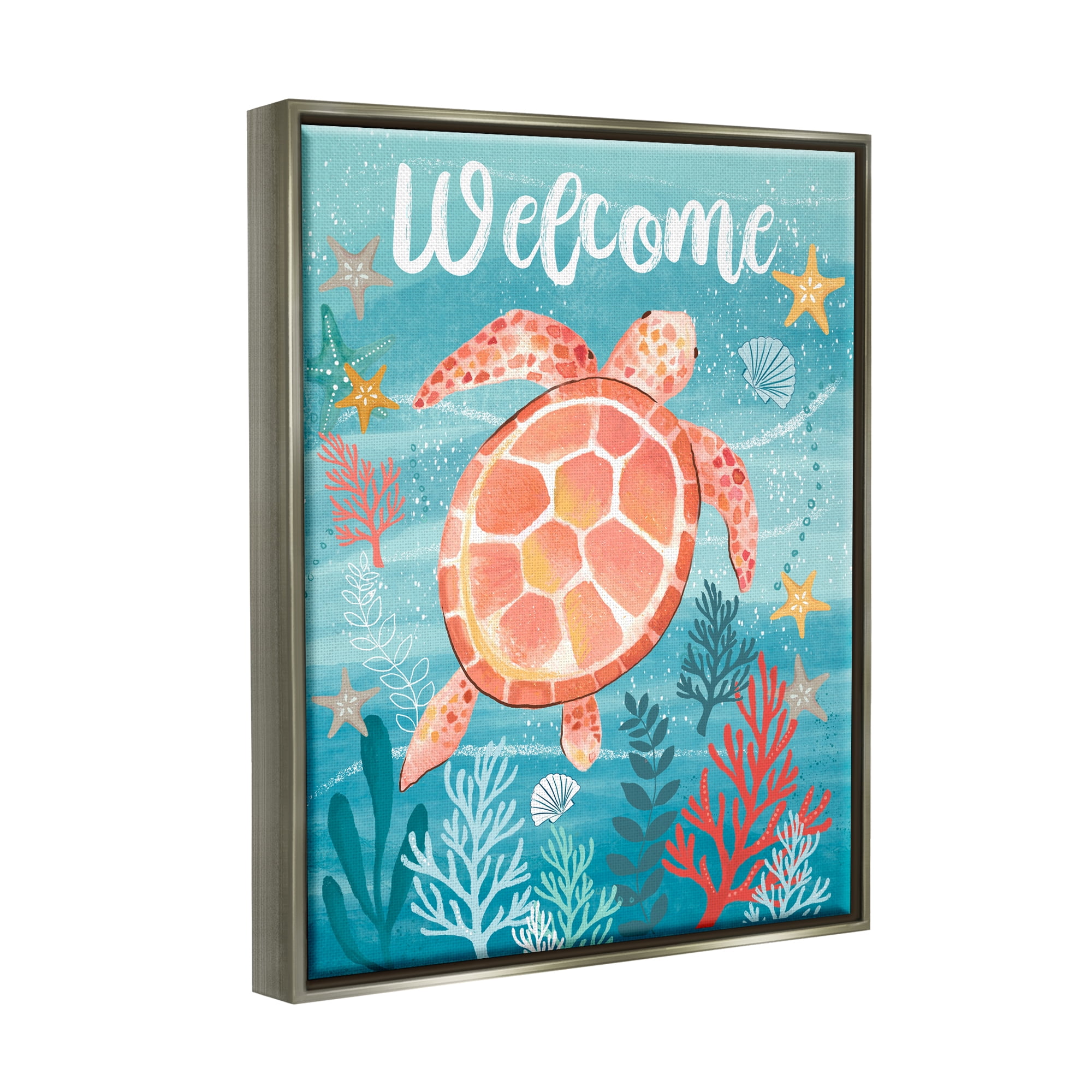 Stupell Industries Welcome Underwater Turtle Scene Animals & Insects Painting Gray Floater Framed Canvas Art Print Wall Art, 25 x 31