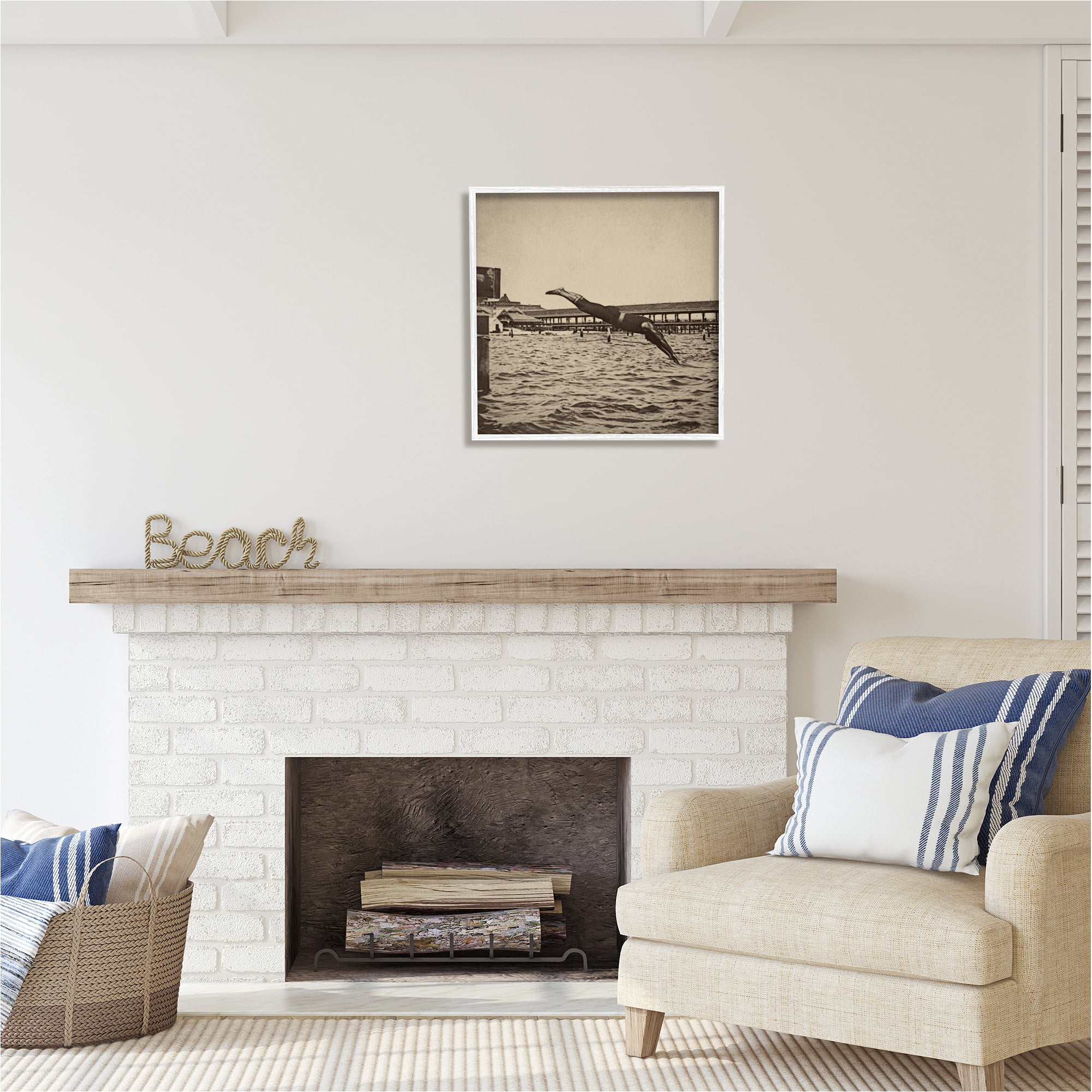 Stupell Industries Vintage Diving Man Landscape Photography White Framed Art Print Wall Art, 24 x 24