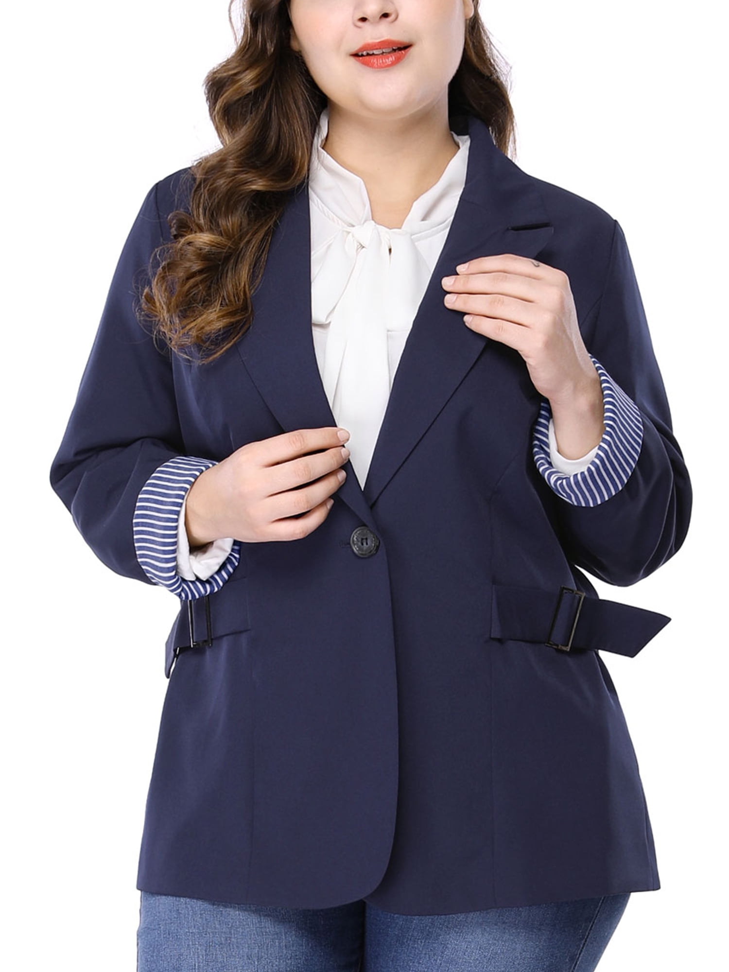 Unique Bargains Women's Plus Size Stripe Cuff Notched Lapel Casual Blazer