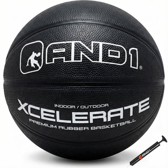 AND1 Xcelerate Rubber Basketball, Size 7 (29.5"), Indoor/Outdoor, Deep Channel Construction, Vibrant Colors, Includes Hand Pump