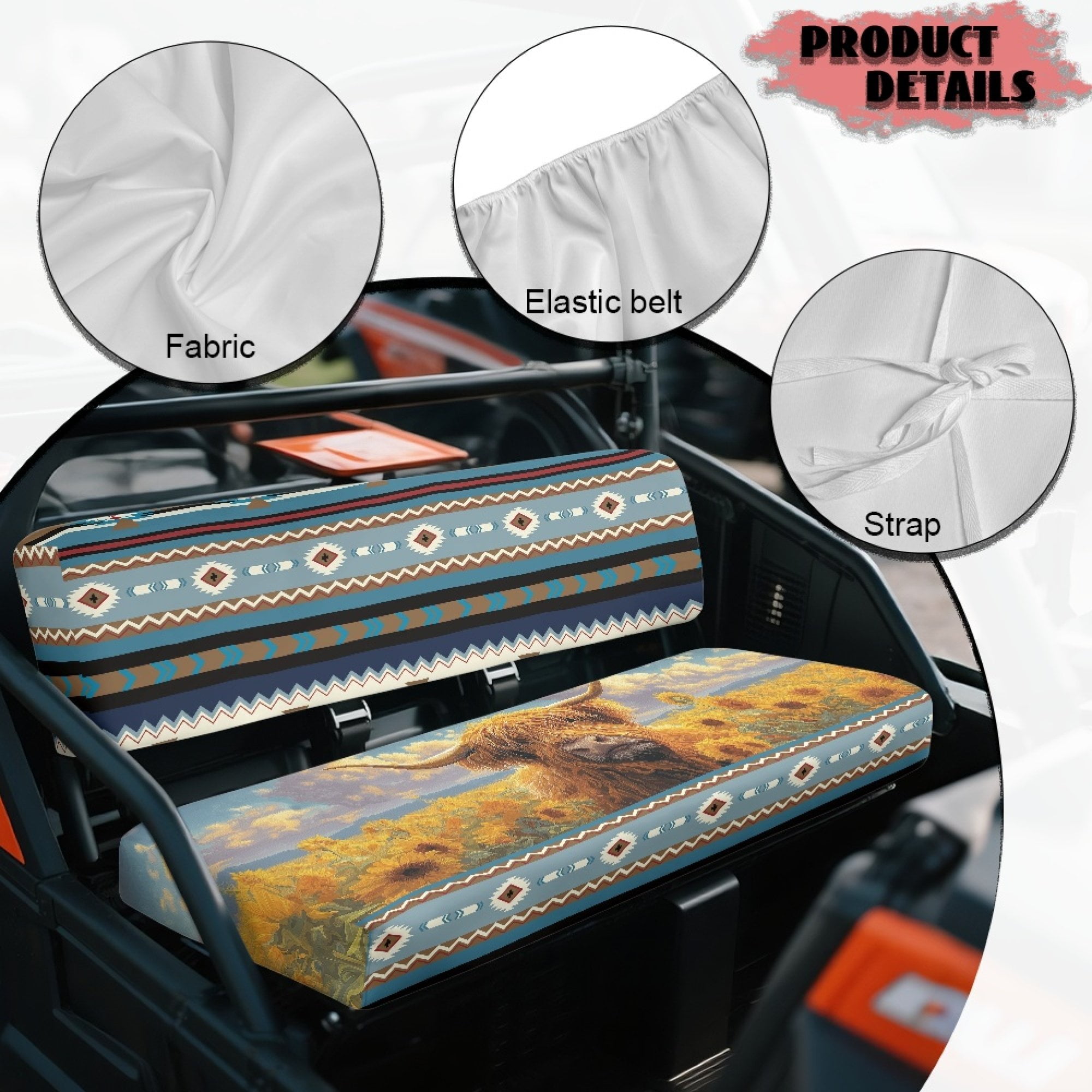 ZIATUBLES 2-Pack UTV Seat Covers Universal Fit Polyester Protector Set for Kawasaki Mule 3000/3010/3020 Bench Seats, Easy Installation & Clean, American Tribal Highland Cow Sunflower Print
