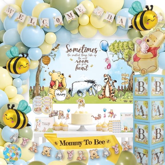271 Pc Classic Winnie the Pooh Baby Shower Decorations for Boy, Blue Vintage Pooh Bear Balloon Arch Kit with Backdrop, Banner, Baby Boxes, Sash and Table Decorations