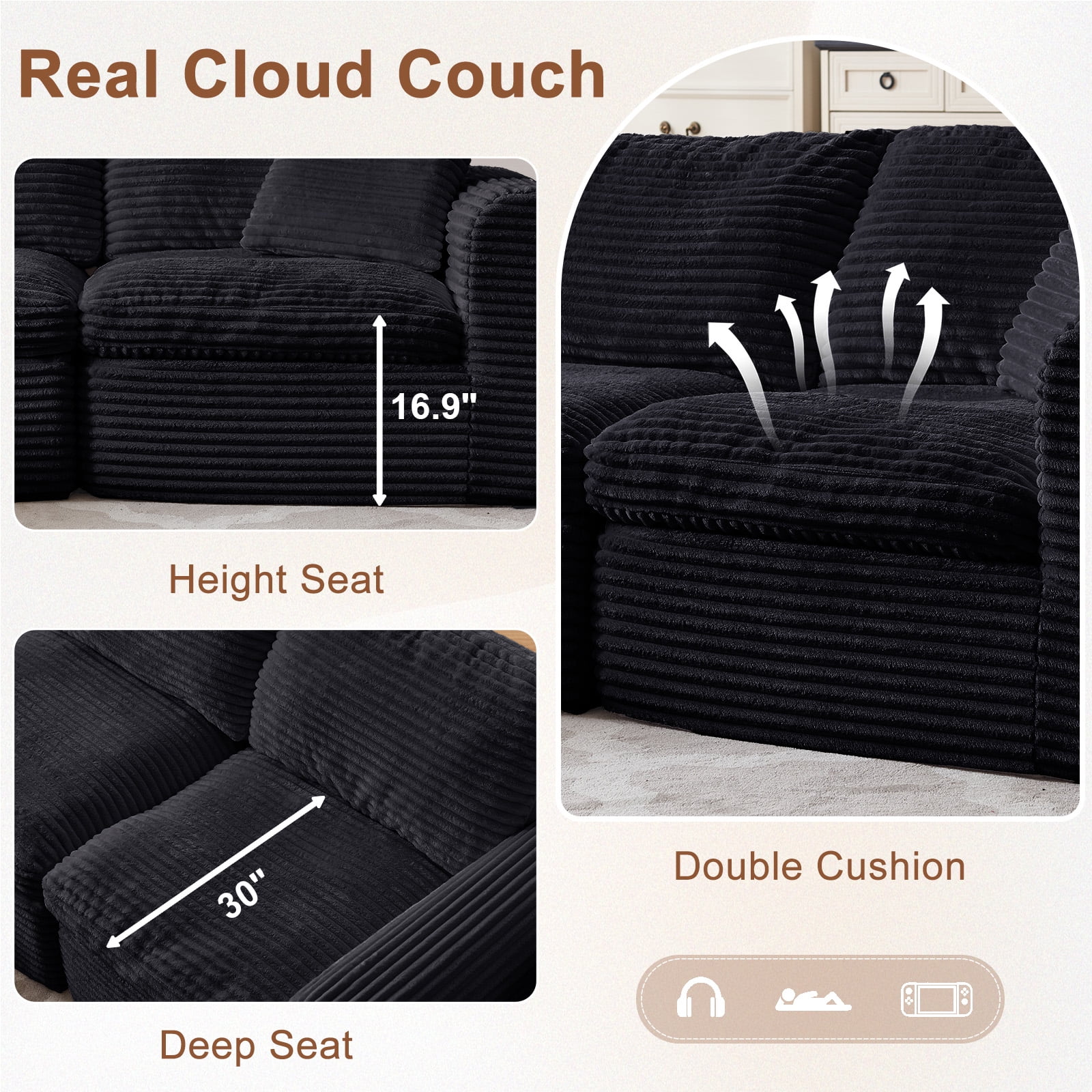 138" Cloud Couch for Living Room, Modular Sectional Sofa with Plush Corduroy Big U Shaped Comfy Upholstered Couches with Deep Seat, No Assembly Required, Black