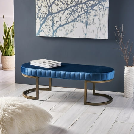 - Nash Velvet Modern Glam Bench, Side Channels, Cobalt and Brass