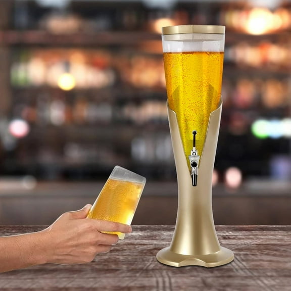 3L/100oz Beer Tower Drink Dispenser,Drink Tower Beverage Dispenser with Removable Ice Tube And LED Colorful Shinning Lights,Tabletop Beer Dispenser For Parties,Bars,Home,Pubs,Restaurants (Gold)