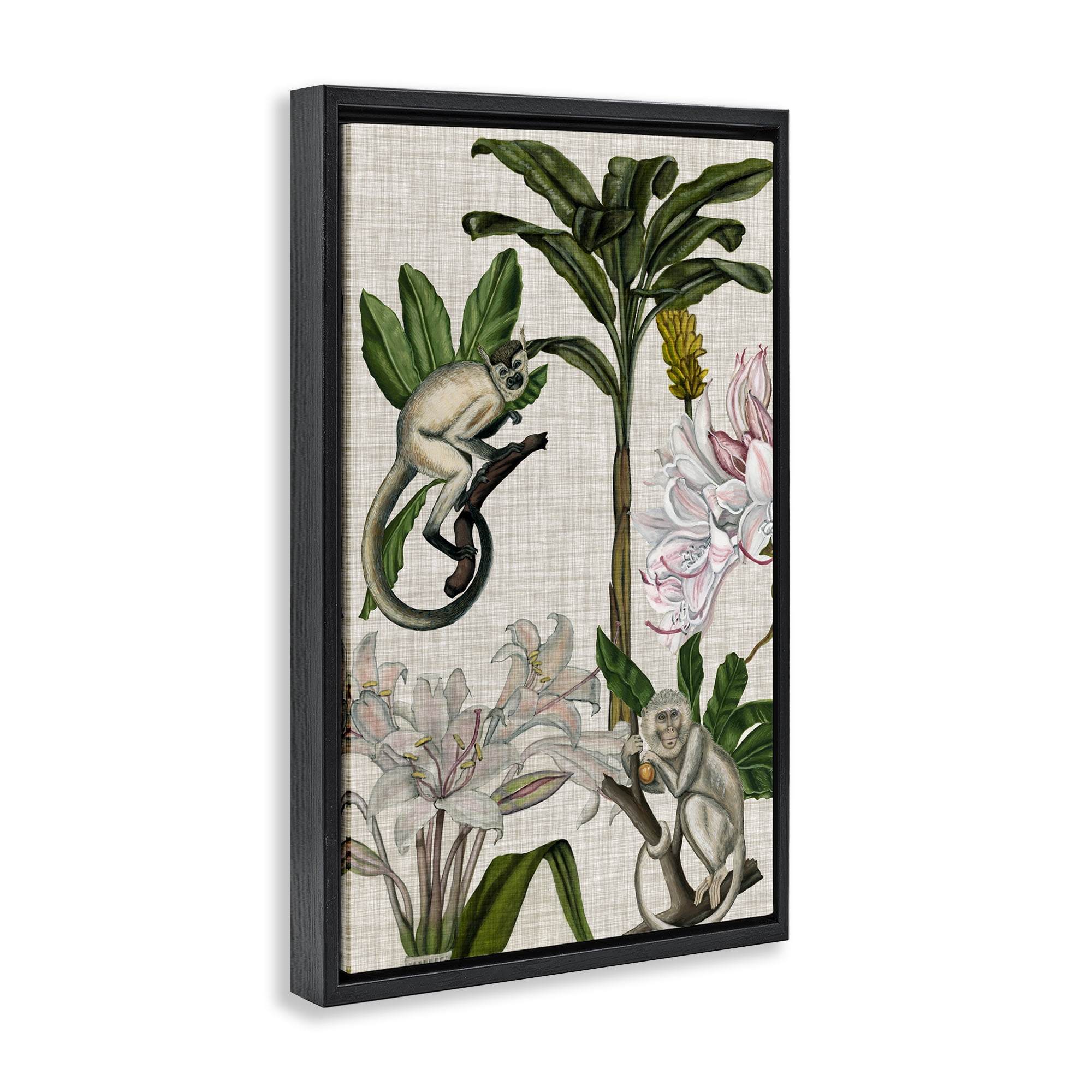 Stupell Industries Vintage Monkey & Plants Plants & Flowers Painting Black Floater Framed Canvas Art Print Wall Art, 17 x 25
