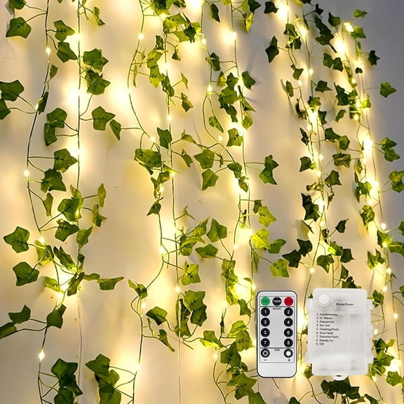 33ft Vine Fairy Lights with 100 LED 8 Mode Remote, Christmas Decor Artificial Greenery Ivy Leaf Garland String Lights, Battery Operated Fake Vines for Bedroom,Garden,Party,Weddings, and Walls