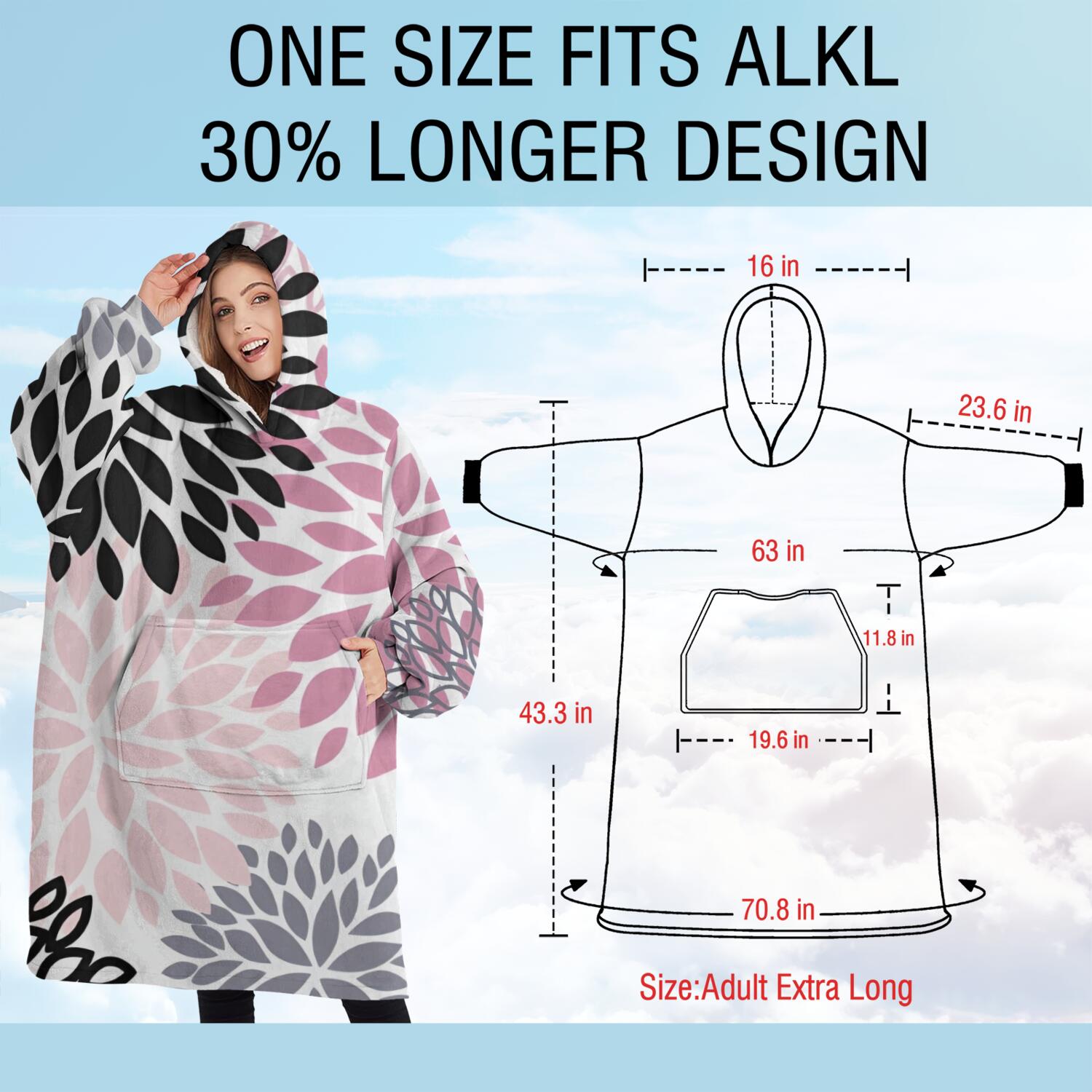 Oversized Wearable Blanket Hoodie,Pink Floral and Petal Pattern Sherpa Blanket Hoodie with Super Pockets,Super Warm Fuzzy Pullover for Women & Men