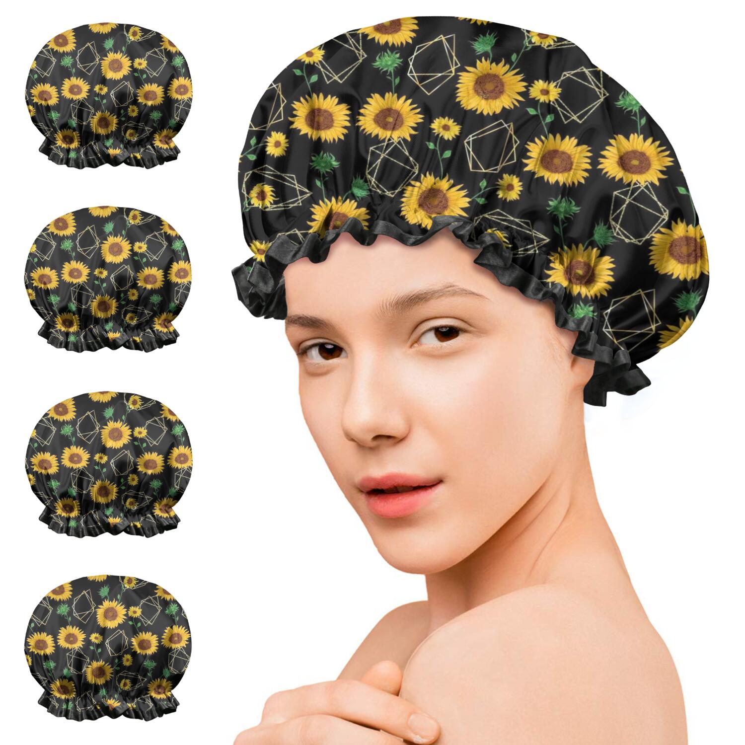 Shower Caps,Black Geometric Sunflower Pattern Waterproof Shower Cap for Women 4 Pieces,Double Reusable Hair Cover for Shower PEVA Elastic Stretch Hem