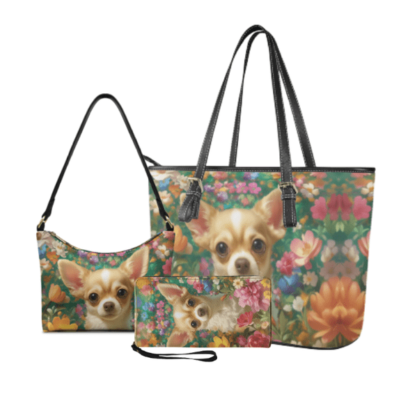 Tutolipy Tote Bag Set for Women, with Fashionable Shoulder Wallet Personalized Design Shoulder Bag Sling Bag, 3 Pcs Chihuahua Floral Pattern