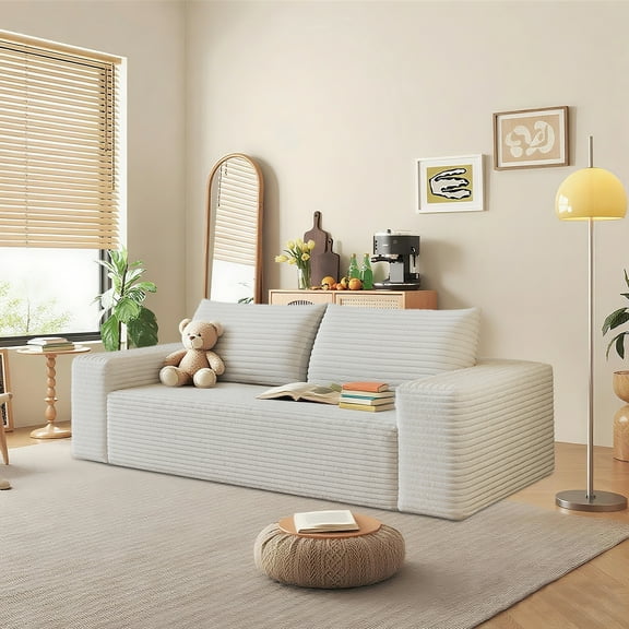 71" Corduroy Loveseat Sofa, Deep Seat Comfy Couch with Backrest and Armrests, No Assembly Required Sofa Couch for Living Room Bedroom Apartment, White