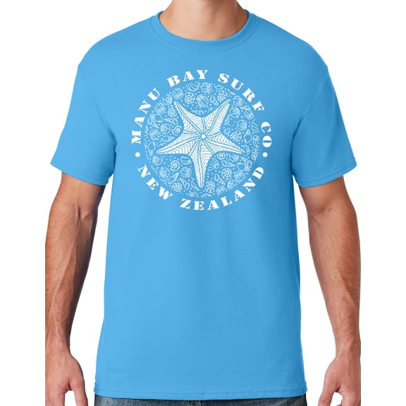 Mens Manu Bay Surf Company WHITE STARFISH T-shirt, Small Aqua Blue