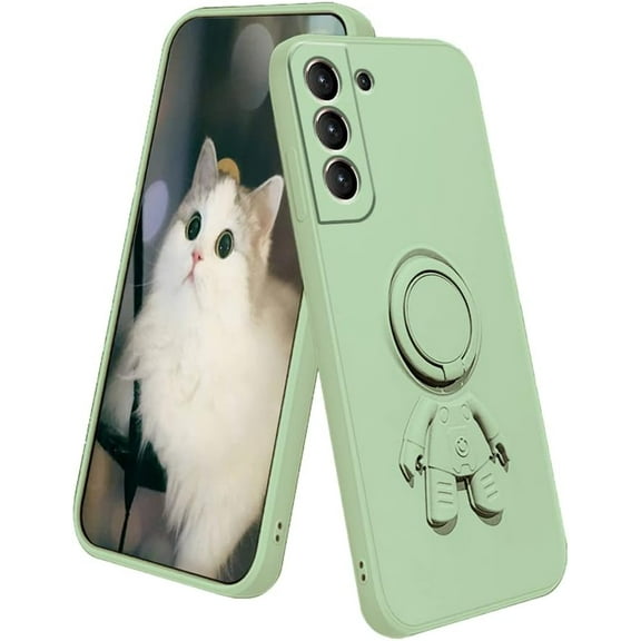 Compatible with Samsung S21 Case with Creative Astronaut Pattern Holder Green,Phone Samsung Galaxy S21 Case with Ring Kickstand Silicone Shockproof Soft TPU Protective Slim Cover (Green)
