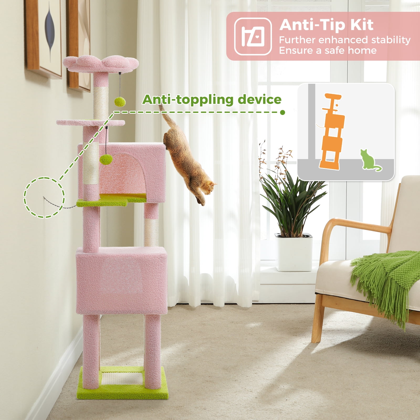 Kadyn 62" Modern Cat Tree Tower for Indoor Cats with Scratching Posts, Cozy Cat Condo and Top Perch, Dangling Ball for Small Medium, Pink