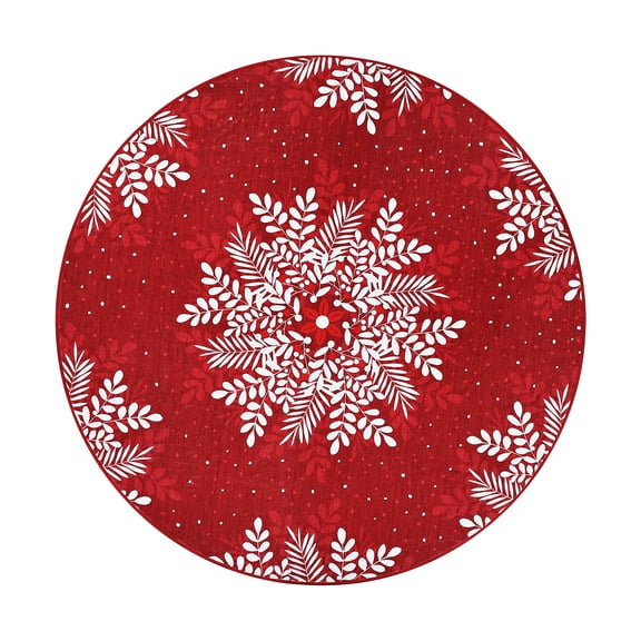 COZONY 4x4 Round Christmas Rug, Washable Snowflake Vintage Area Rug, Soft Non-Slip Low Pile Living Room Rug, Red Holiday Decor