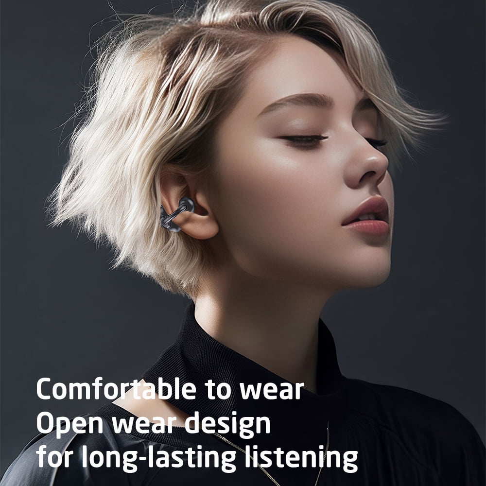 VTIN S75 Bluetooth 5.4 Ear Clip Headphones - Black Digital Display, Touch-Free Control, 6H/24H Battery, Dual Master Earbuds Semi-In-Ear with Instant Pairing & Type-C Charging