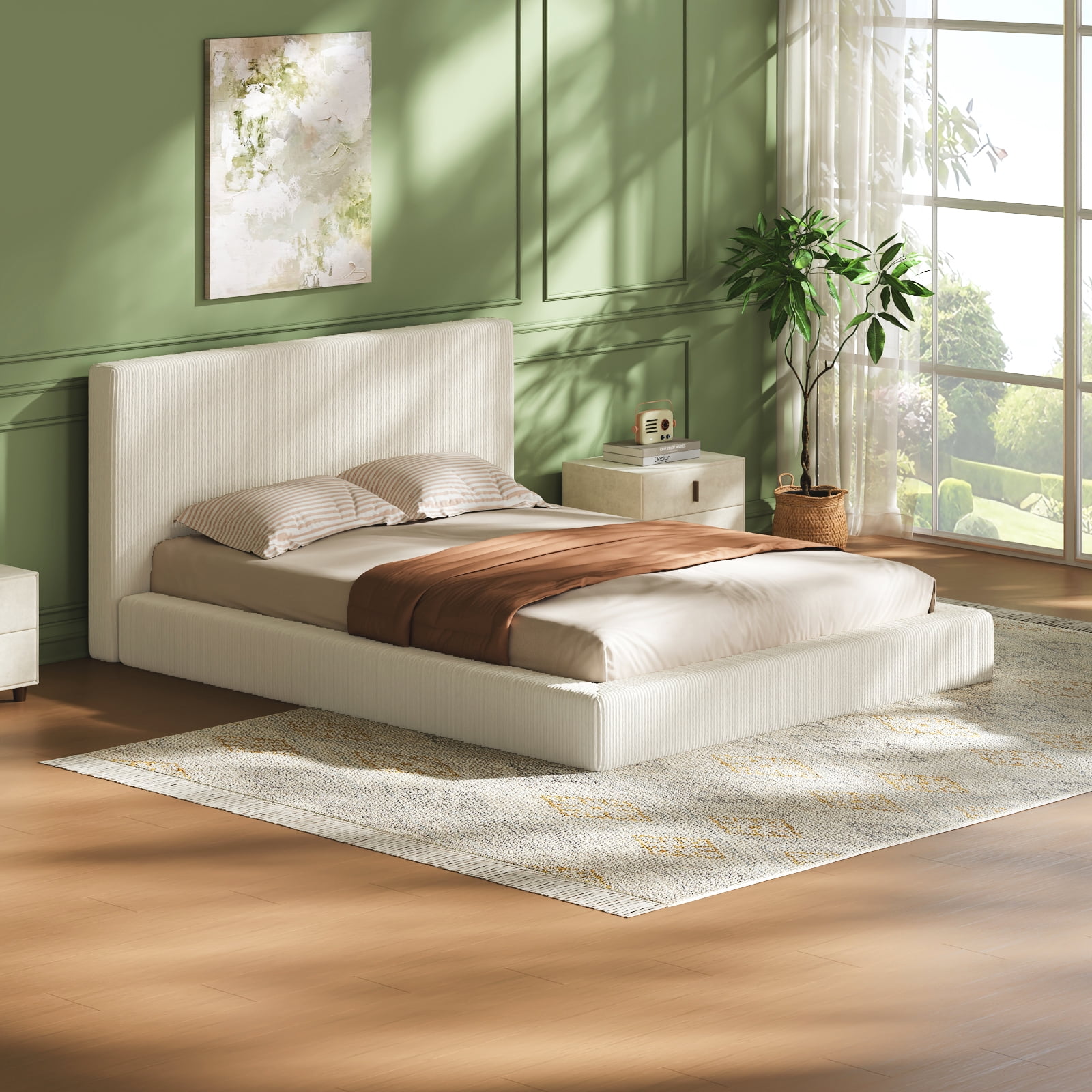 Queen Size Upholstered Bed Surround, Soft Corduroy Cushioned Bed Surround with High-Density Sponge, Low Profile Bedroom Bed Surround, Cream, Bed Frame Not Included