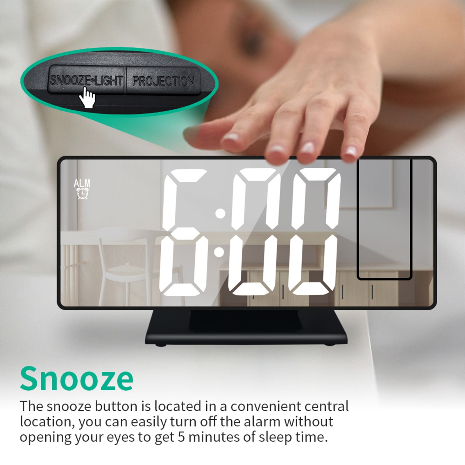 YUNAFFT Projection Alarm Clock for Bedrooms Ceiling, Digital Clock Radio with USB Charger Port, Temperature & Humidity Display, 7.3” Large LED Display