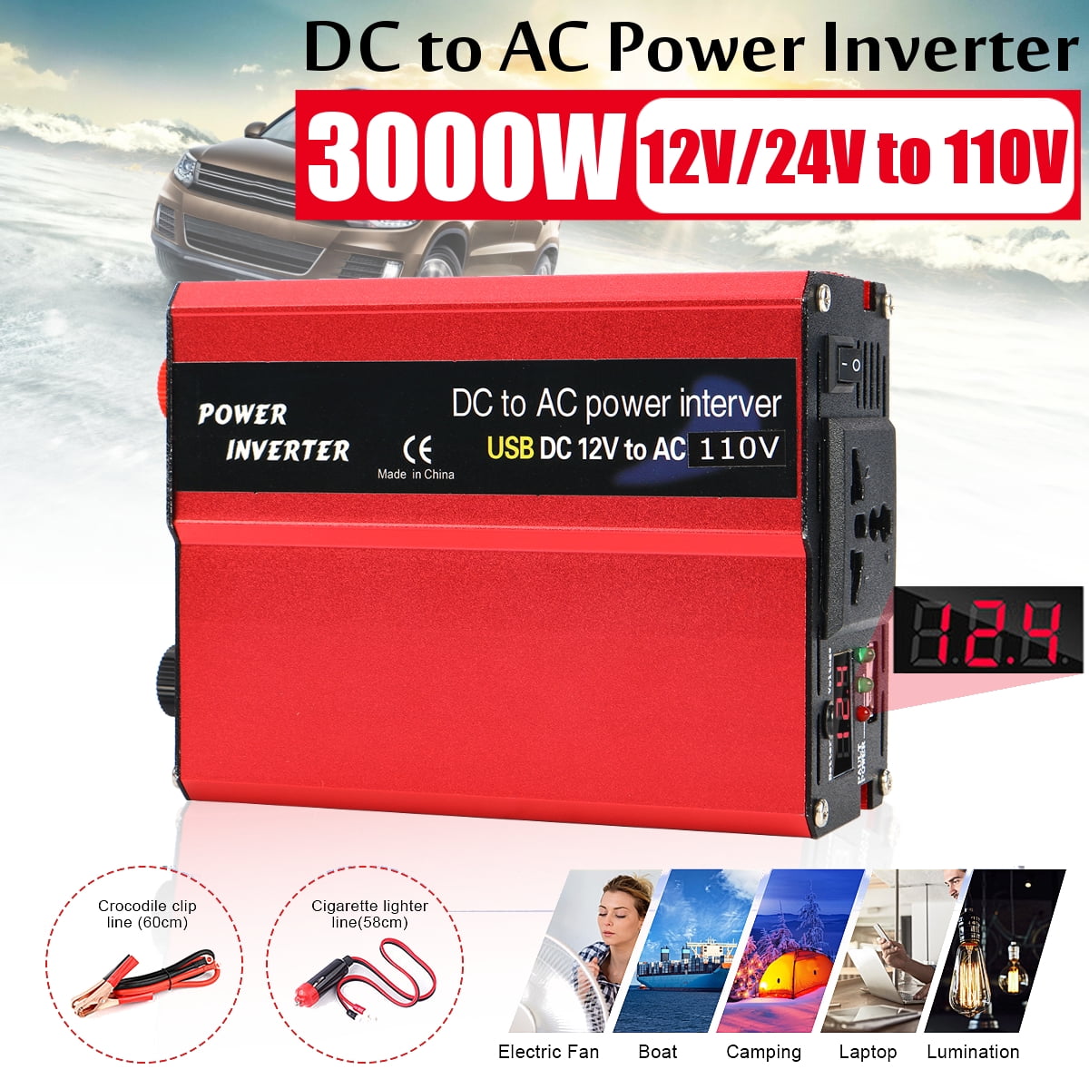 Power Inverter 3000W DC 12V/24V 110V Power Inverter Converter for Home Car Outdoor Use Walmart