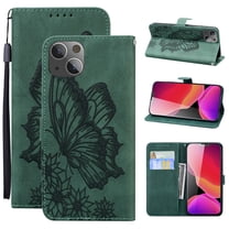 Feishell Wallet Case For iPhone 15, Magnetic Folio Card Slots Holder Kickstand Premium PU Leather Butterfly Patterned Embossed with Wrist Strap Cover For iPhone 15, Green