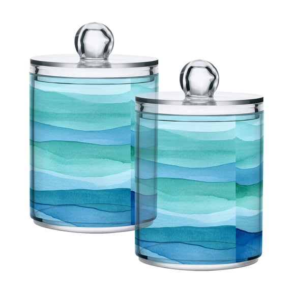 Blue and Green Waves Cotton Swabs Cans Translucent Plastic Canisters Dustproof Lid for Bathroom Storage