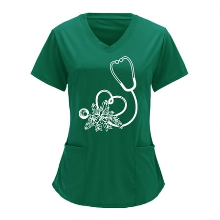 

Women Scrubs Top Nurses Clothing Working Uniform Top Care Workwear V-Neck Solid Color Overalls Printing Short Sleeve Top
