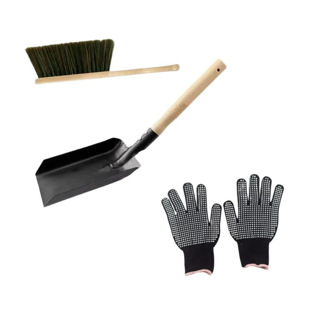 Tnarru Ensemble Pelle et Balayette en Métal pour Cheminée Intérieure Extérieure avec Gants Résistant à la Rouille