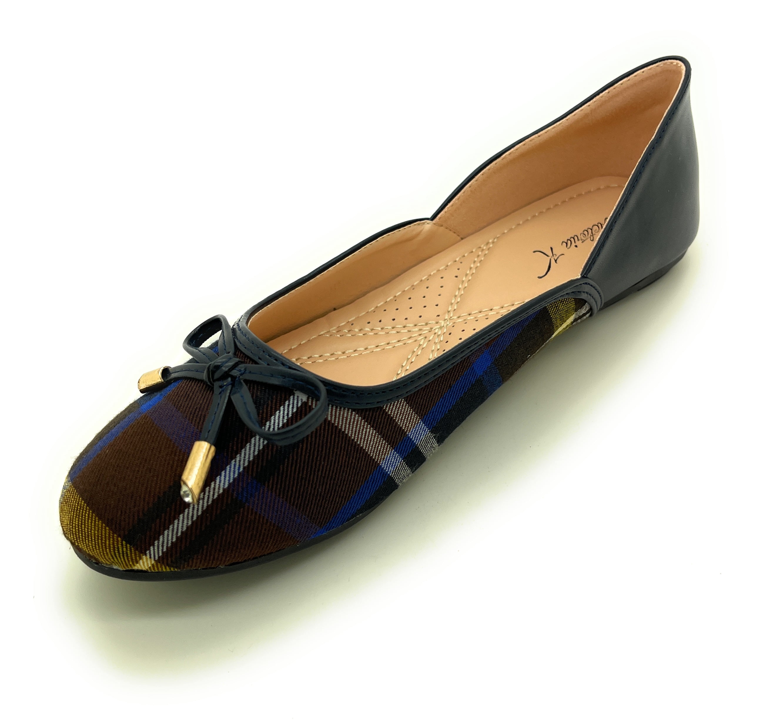 Two Tone Plaid with Solid Bow Ballerina Flats