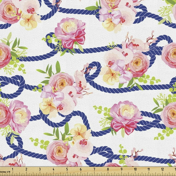 Ambesonne Navy and Blush Fabric by the Yard Upholstery, Marine Floral, 5 Yards, Navy Blue Pink Green