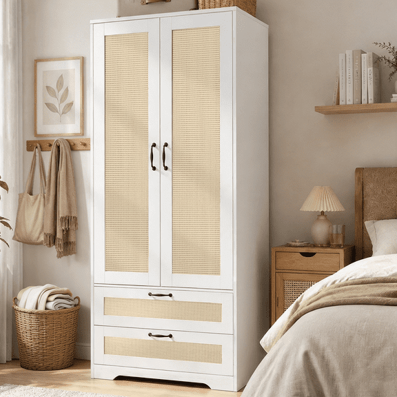 Gyger, 2 Doors Wardrobe Armoire Closet with 2 Drawers, Farmhouse Wooden Armoire Storage Cabinet with Shelves & Hanging Rod for Bedroom,White