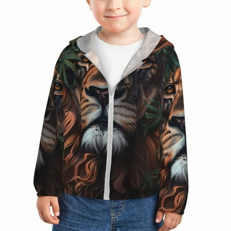 

Junzan Lion Forest Crown for Kids Sun Protection Hoodie Boys Rash Guard with UPF 50+ Sun Protection Summer Jacket Long Sleeve Fishing Hiking Sun Shirt-5 Years