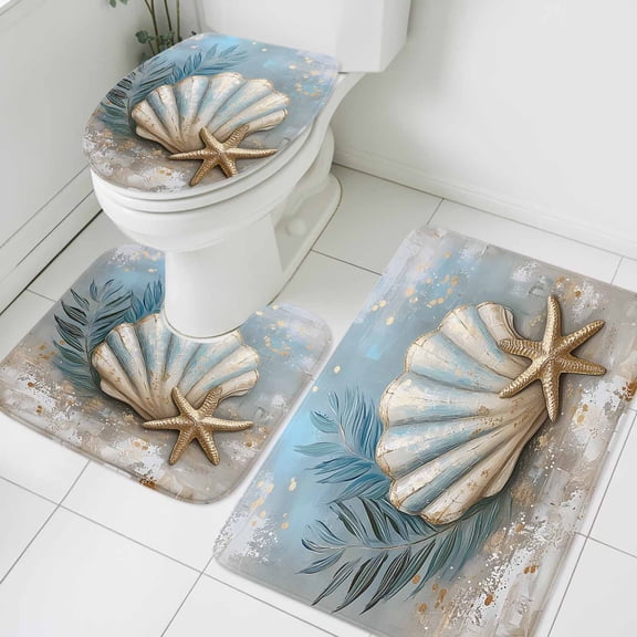 Ocean Shell Starfish Bathroom Rugs Set Palm Leaf Non Slip Absorbent Soft Bath Mats 3 Piece Set with Bathroom Rug, U-Shaped Floor Mat, Toilet Seat Cover Small Size