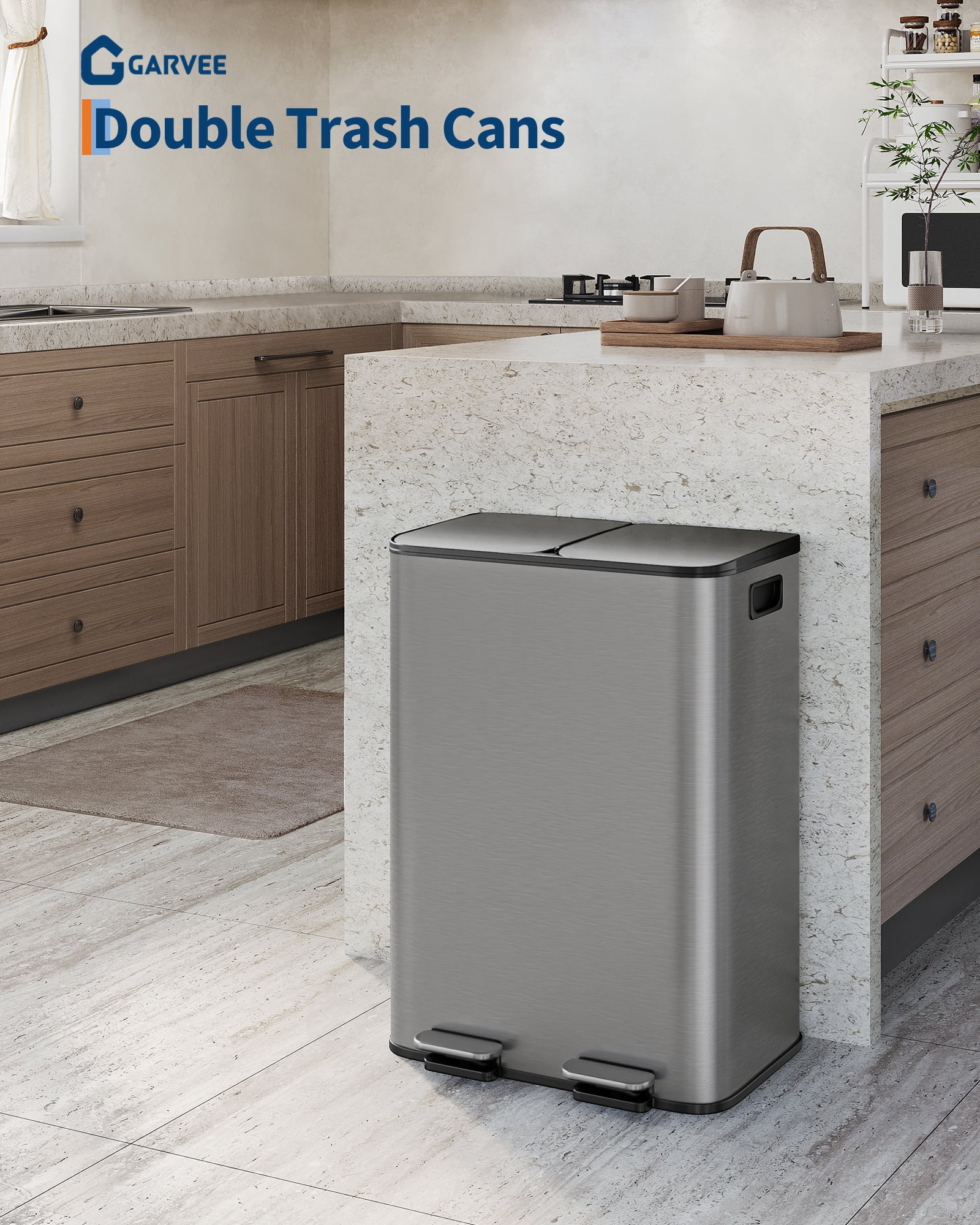 2 x 8 gal Stainless Steel Dual Trash Can, Step-on Kitchen Metal Garbage Cans, Double Compartment Garbage and Recycling Bin Combo with Metal Lid, PP Inner