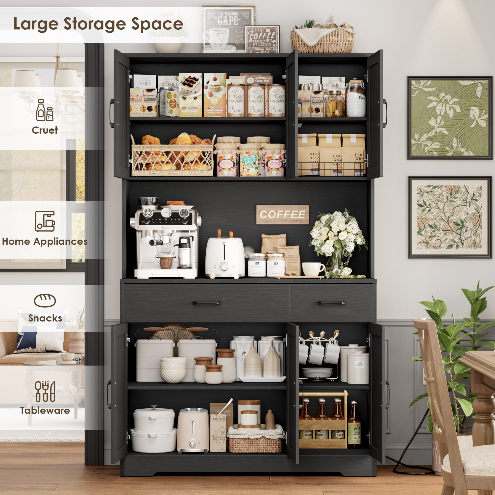 Homfa 71" Kitchen Pantry with Charging Station, Freestanding Cupboard with Adjustable Shelves, Floor Cabinet for Dining Room, Black Wood Grain