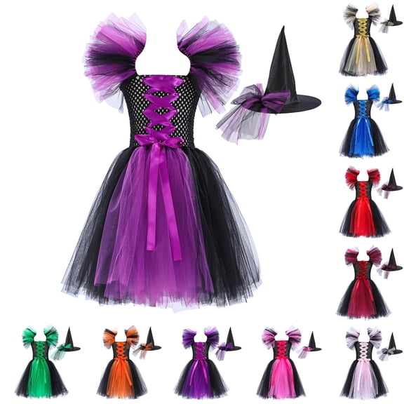 Vividxx Girls Dress Kids Girls Witch Halloween Black Gown With Hat Fancy Tutu Dress Up Party Tulle Dresses Hallowmas 6-7 Years