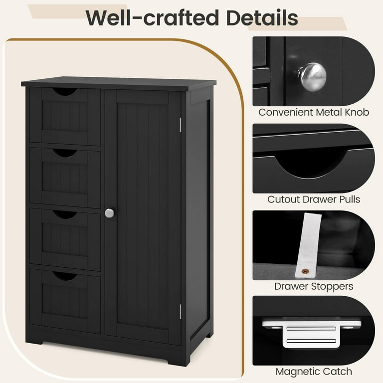 Costway Narrow Bathroom Storage Floor Cabinet, Black MDF, 4