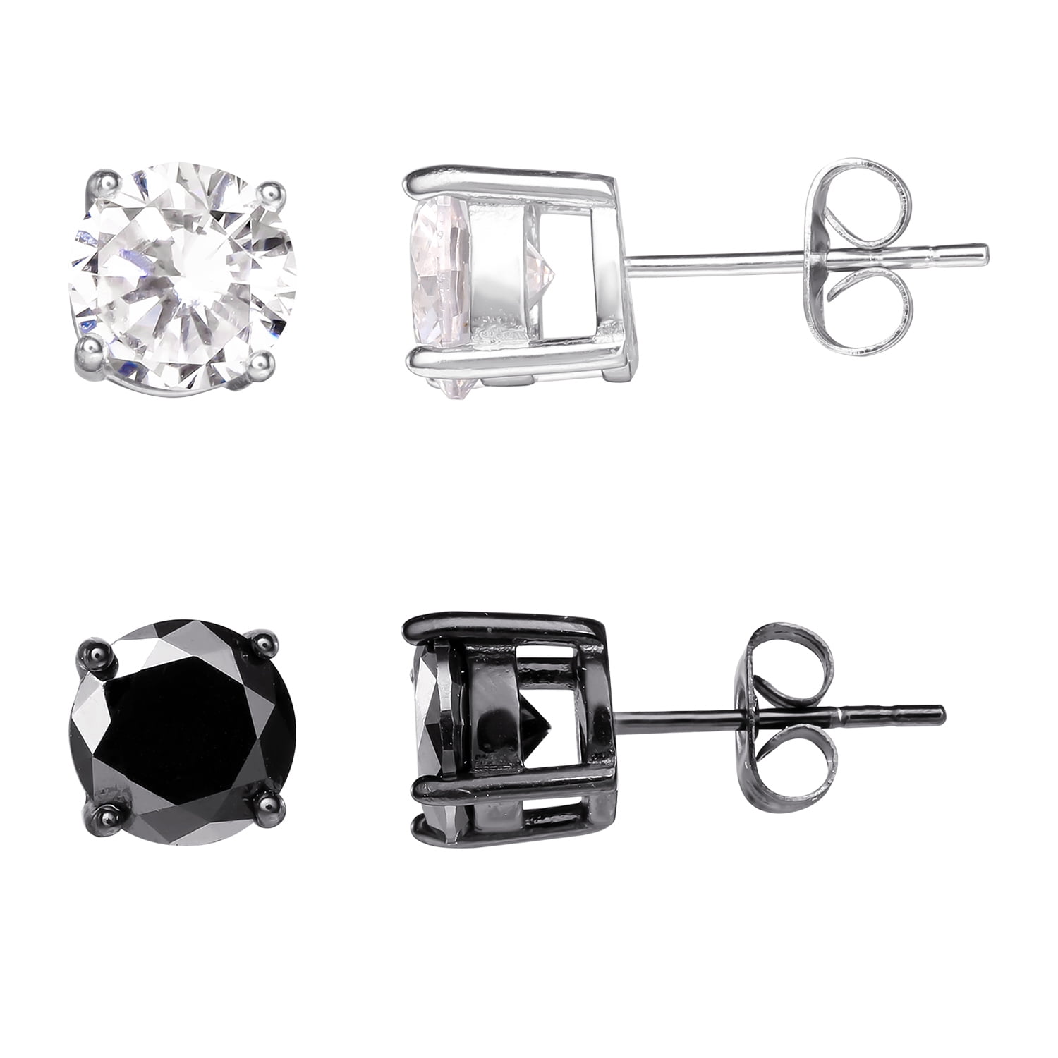 Brilliance Fine Jewelry Men's CZ Black and Clear Diamond Stud Earrings, 8mm