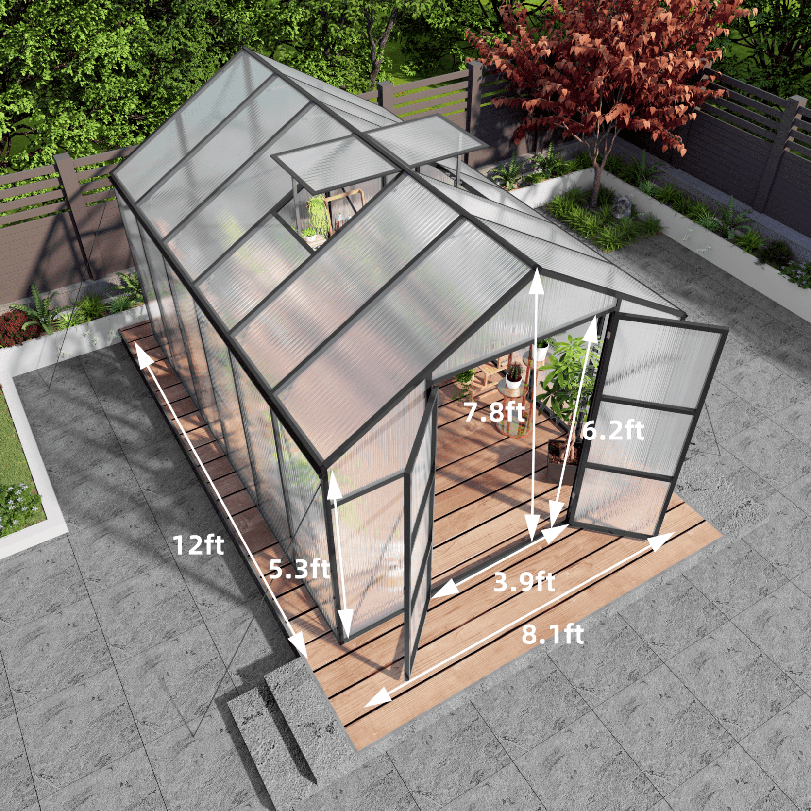8x12FT Polycarbonate Greenhouse for Outdoors, Large Walk-in Greenhouse with Adjustable Roof Vents and 2 Windows, Newly Design Aluminum Frame