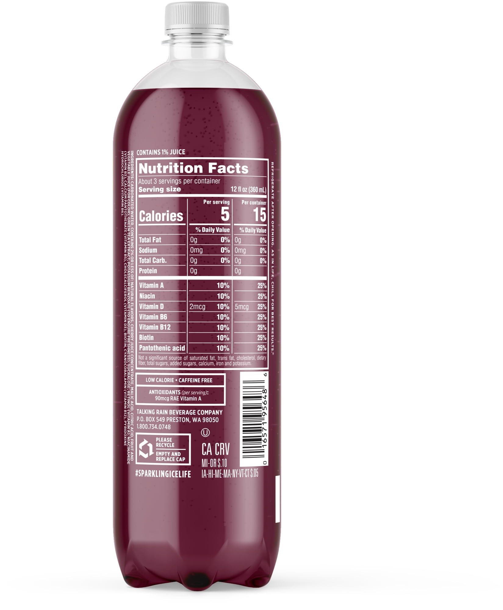 Sparkling Ice Zero Sugar Flavored Sparkling Water, Black Cherry 1L (33.8oz) Bottle