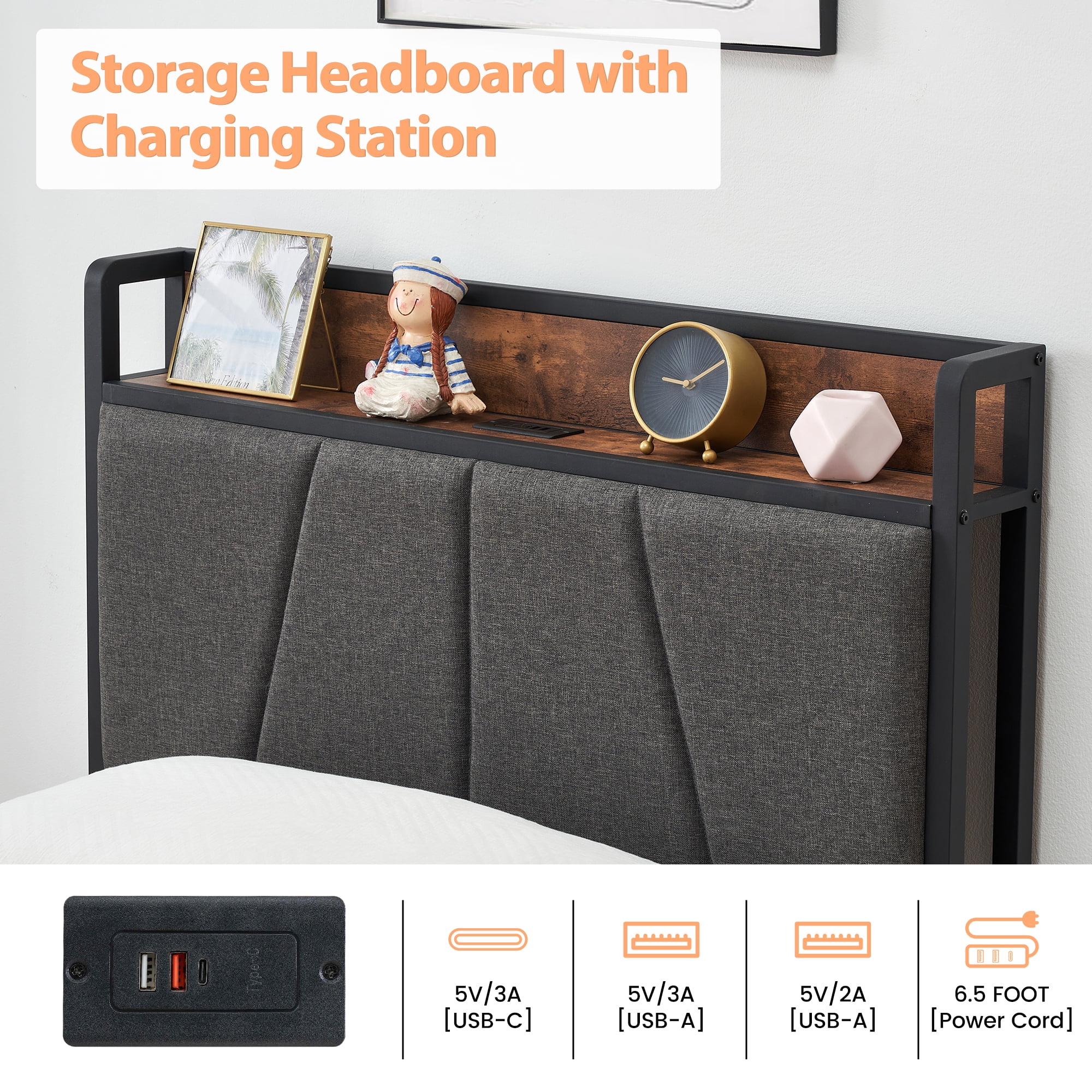 Luku Bed Frame with Storage Headboard and 2 Drawers, Linen Upholstered Platform Bed Frame with Charging Station, Heavy Duty, No Box Spring Needed, Easy Assembly