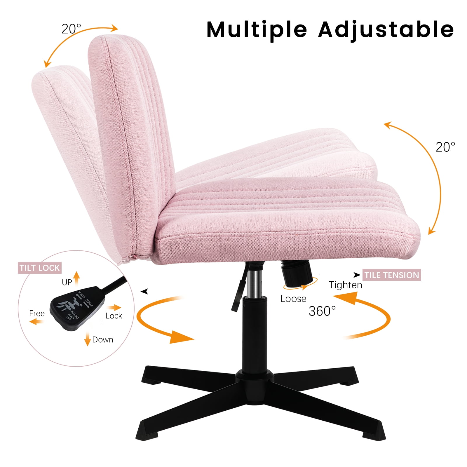 Waleaf Armless Office Desk Chair No Wheels,Fabric Padded Modern Swivel Vanity Chair,Height Adjustable Wide Seat Computer Chair