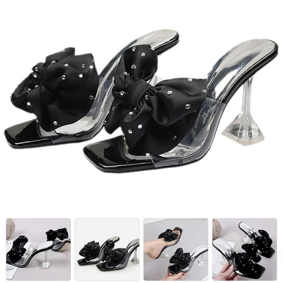 HAMPPLIES Heels 1 Pair Mules Heels Bow Tie Slides Square Toe Black Pu Rubber Durable Outdoor