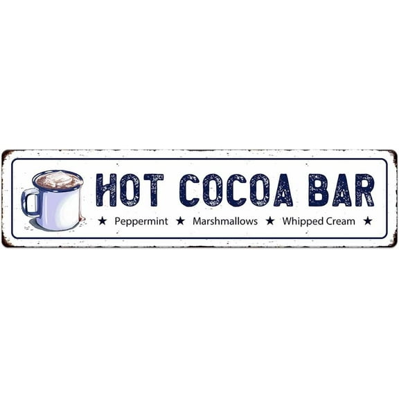 Hot Cocoa Bar Metal Sign Peppermint Marshmallows Whipped Cream Christmas Vintage Hanging Plaque for Home Kitchen Yard Office Cafe Coffee Bar Front Door Wall Decor 16" x 4"