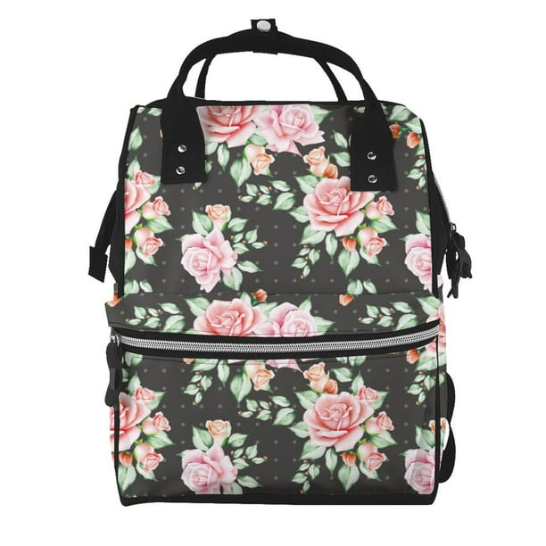 Fotbe Rose Flowers Mochila Maternidad - Lona de Sarga Impermeable, Mochila de Pañales de Gran Capacidad con Múltiples Bolsillos y Correas Ajustables